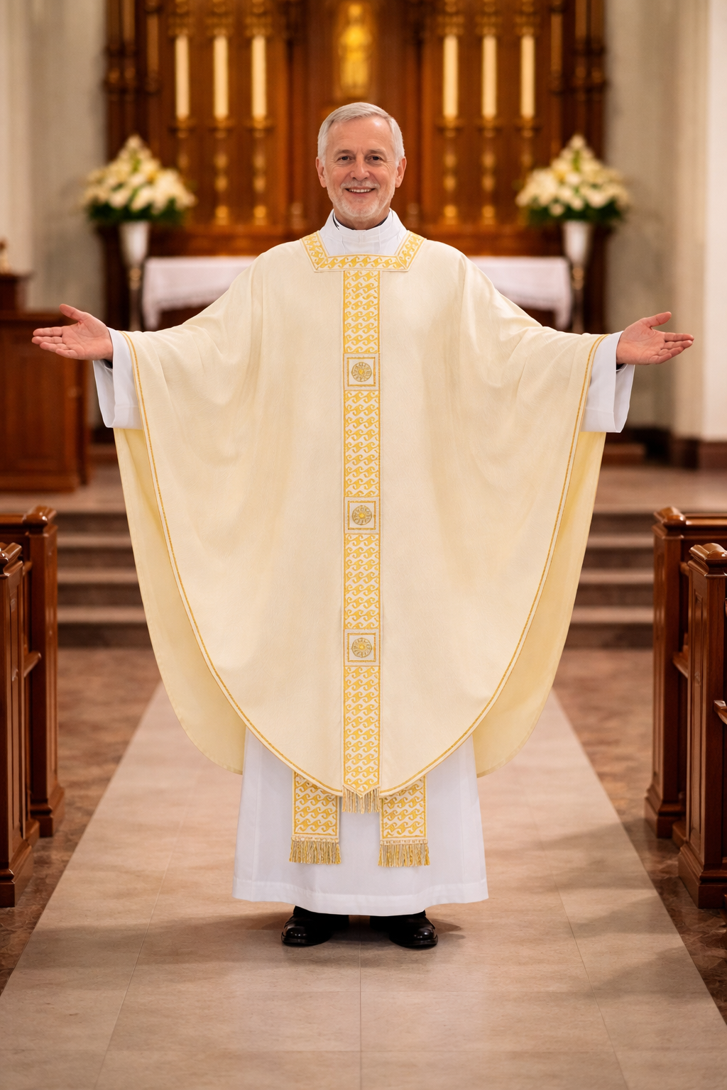 Priest in ivory conical liturgical vestment standing in a church aisle