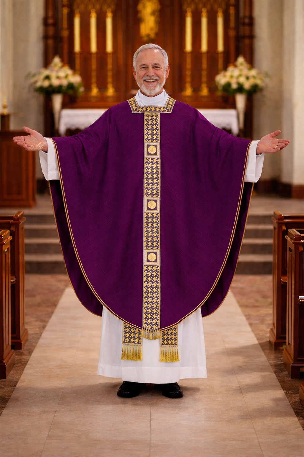 Priest in a purple conical liturgical vestment with gold embroidery in a church setting
