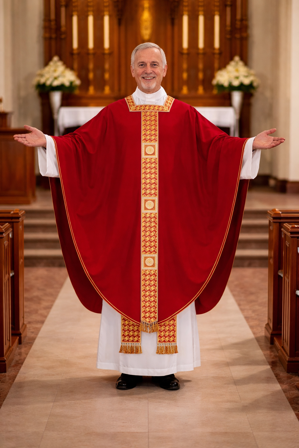 Priest in red conical liturgical vestment with gold embroidery in a church setting