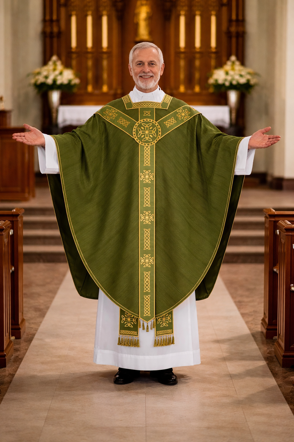 Priest in a green and gold  conical vestment standing in a church.