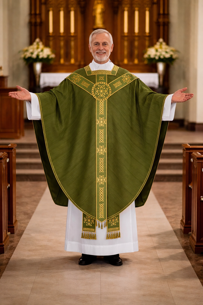 Priest in a green and gold  conical vestment standing in a church.