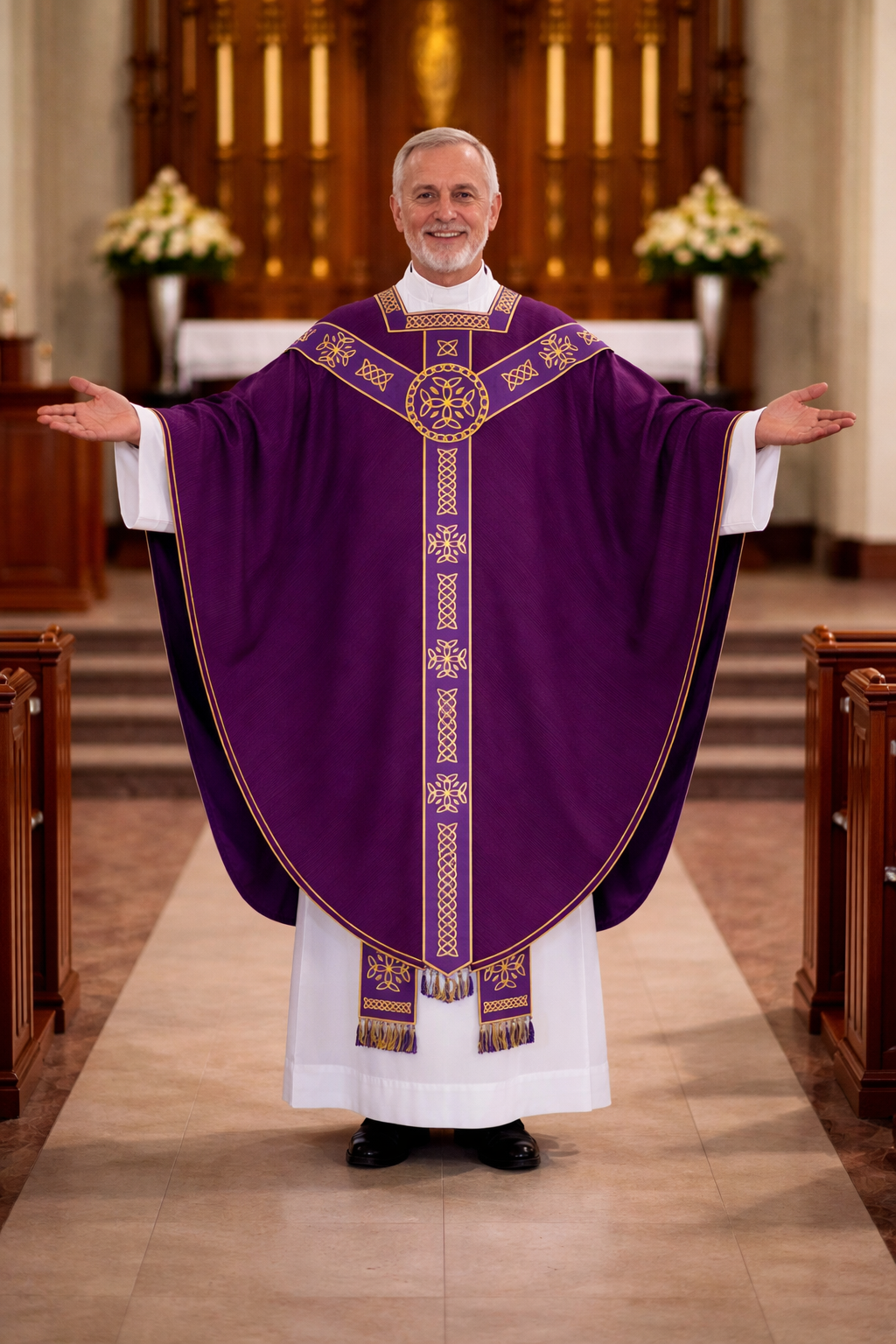 Priest in a purple and white conical liturgical vestment standing in a church.