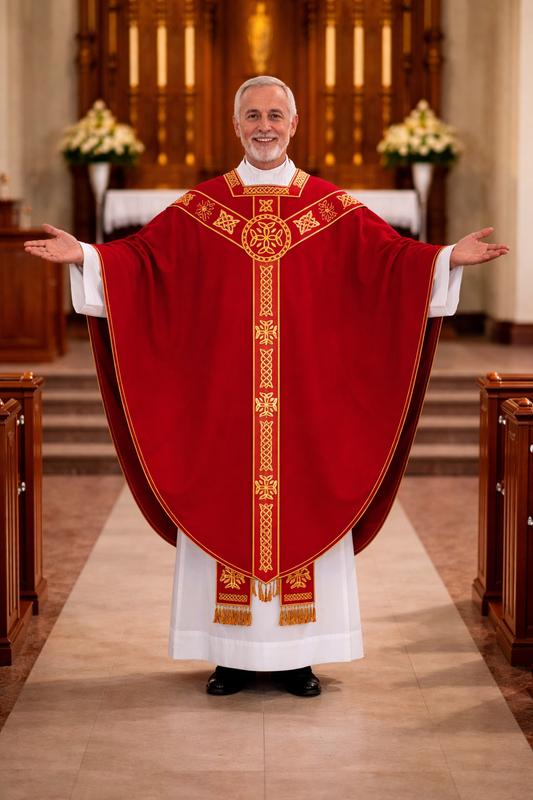 Priest in red conical liturgical vestment with gold embroidery in a church setting