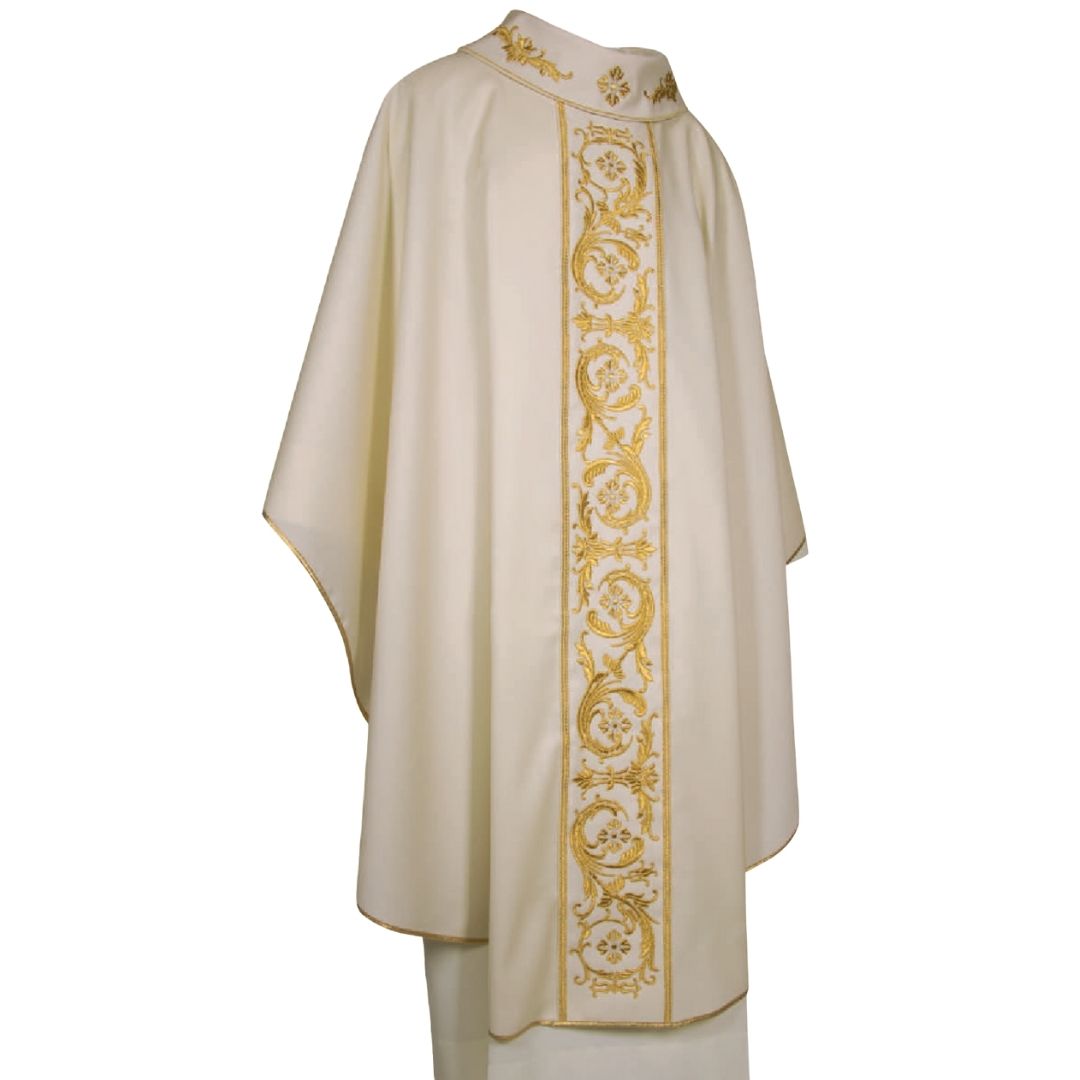 Gothic chasuble with gold thread filigree orphrey made in Italy and sold by The Clergy Store