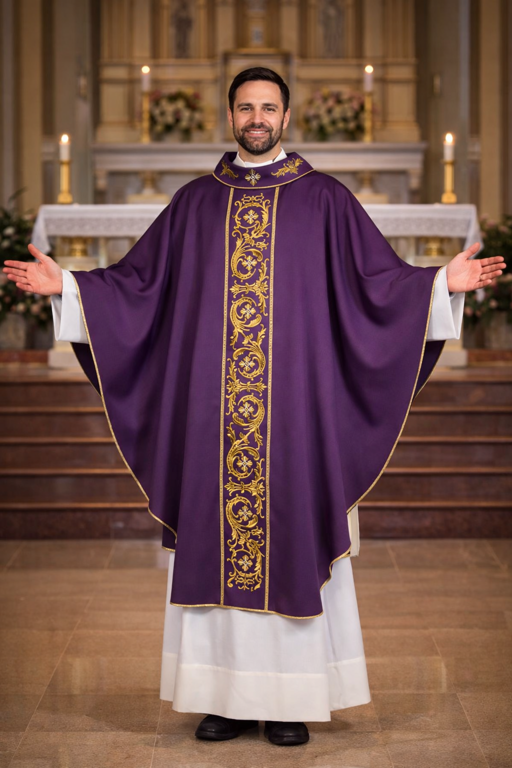 Priest wearing a purple liturgical vestment with gold embroidery in a church setting.