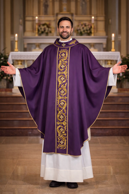 Priest wearing a purple liturgical vestment with gold embroidery in a church setting.