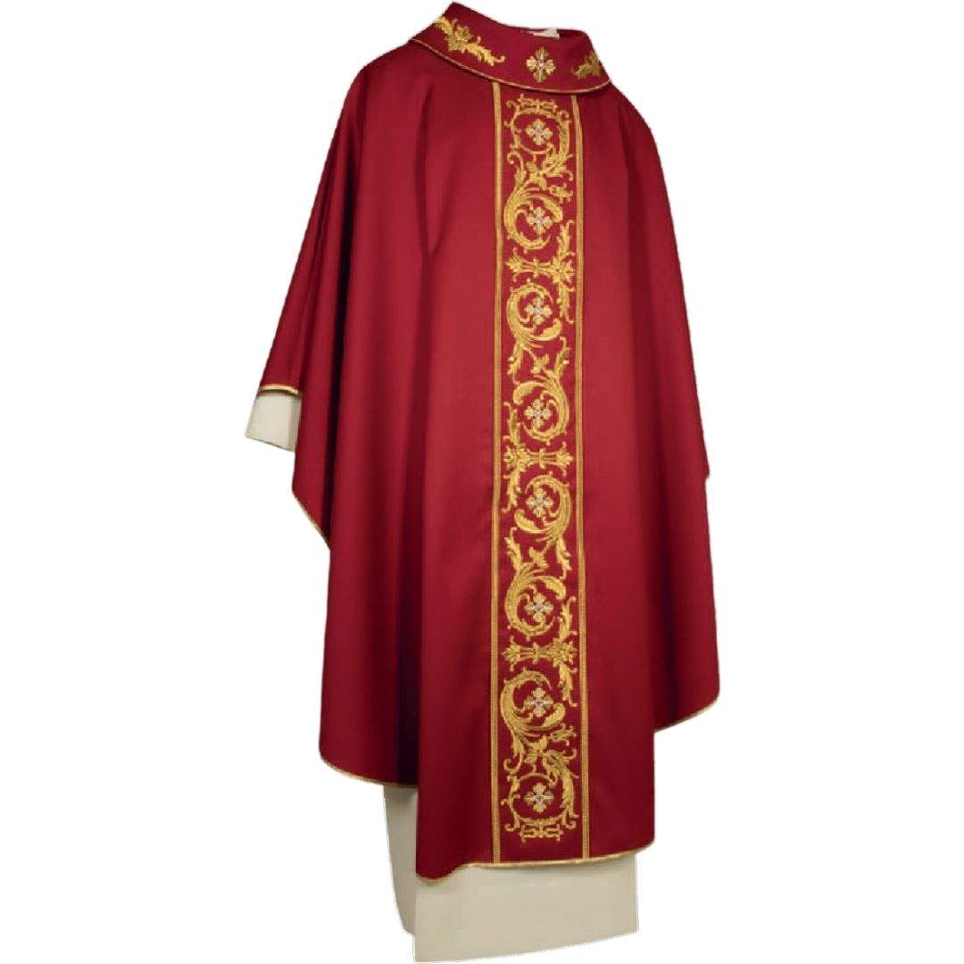 Gothic chasuble with gold thread filigree orphrey made in Italy and sold by The Clergy Store