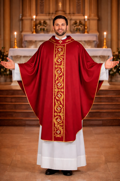 Priest in red liturgical vestment with gold embroidery in a church setting