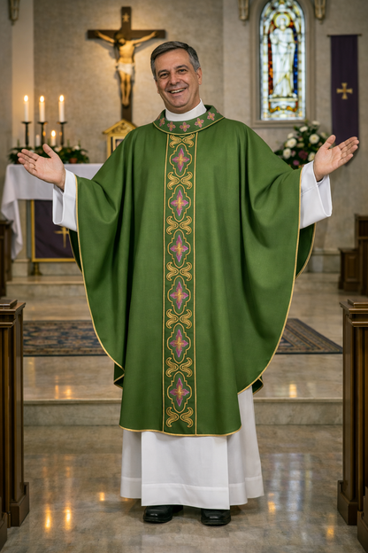 Priest in green liturgical vestment standing in a church with stained glass window and crucifix in the background.
