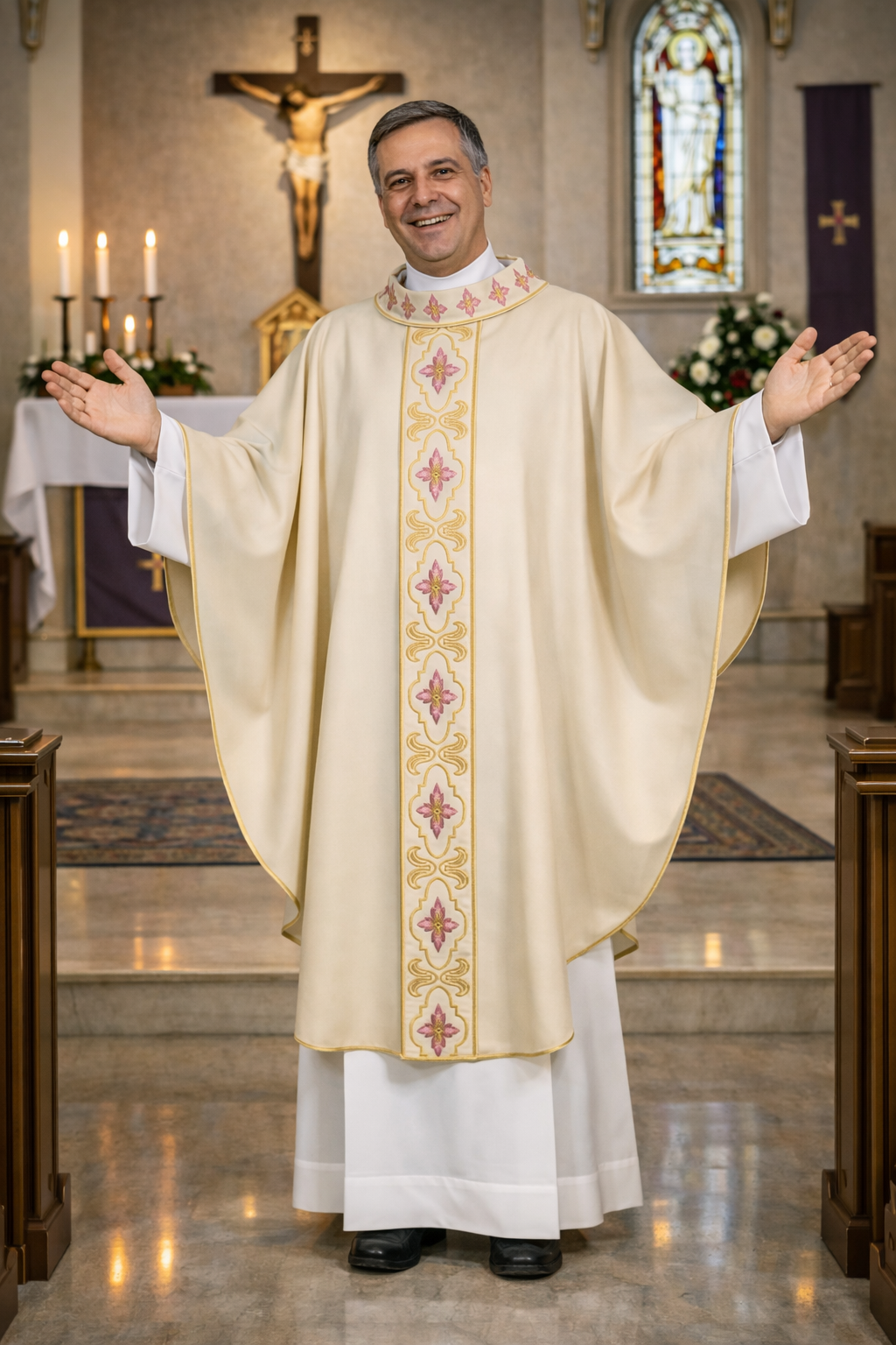 Priest in liturgical vestments standing in a church with a crucifix and stained glass window in the background.