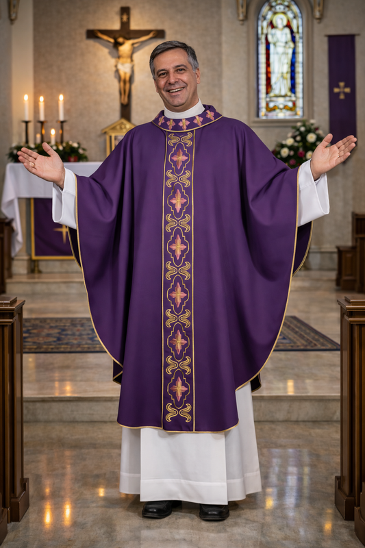Priest in purple vestment standing in a church with stained glass window and altar in the background