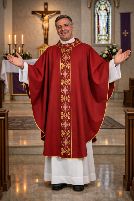 Priest in red liturgical vestment standing in a church with stained glass window and altar in the background.