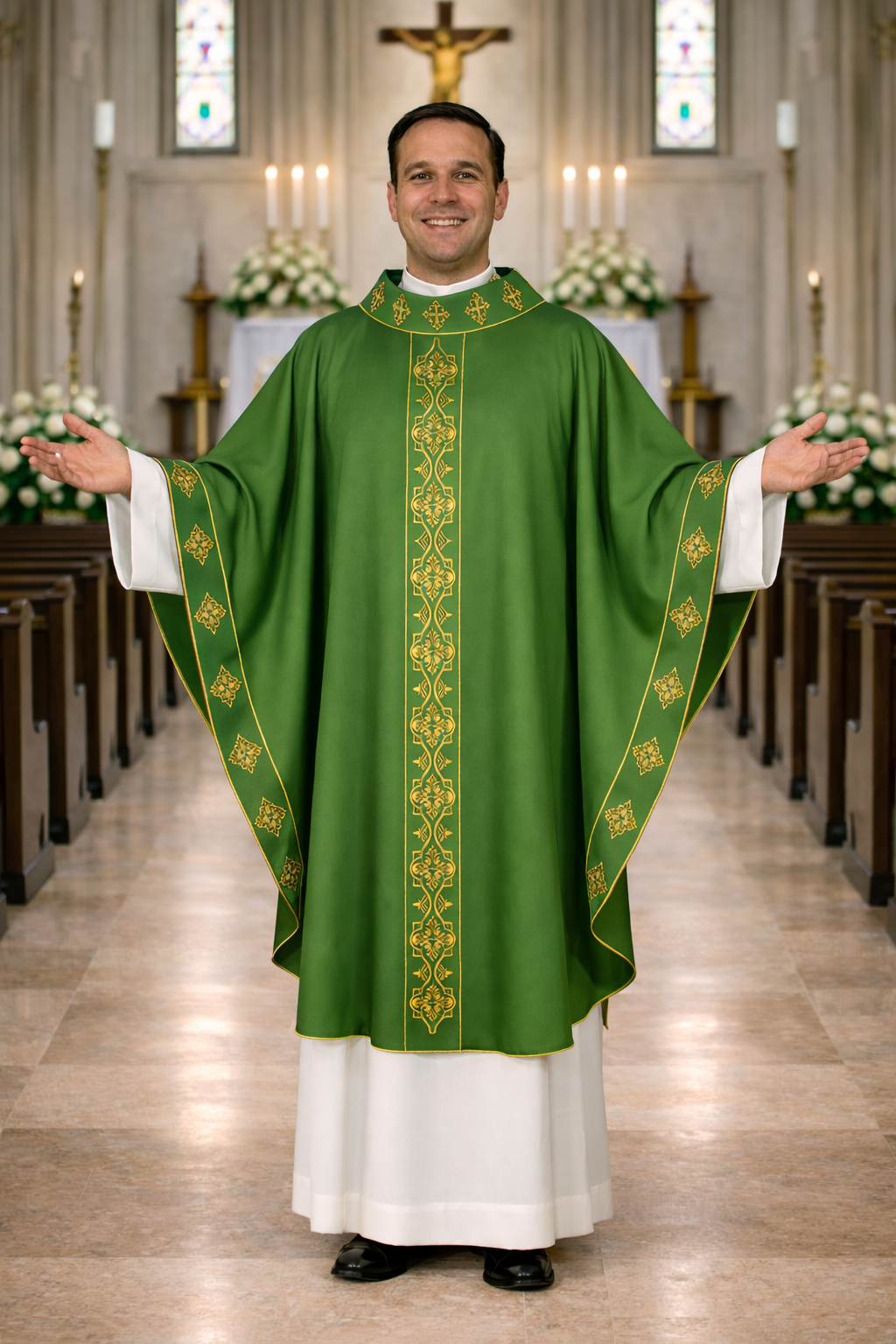 Priest in a green and white liturgical vestment standing in a church.