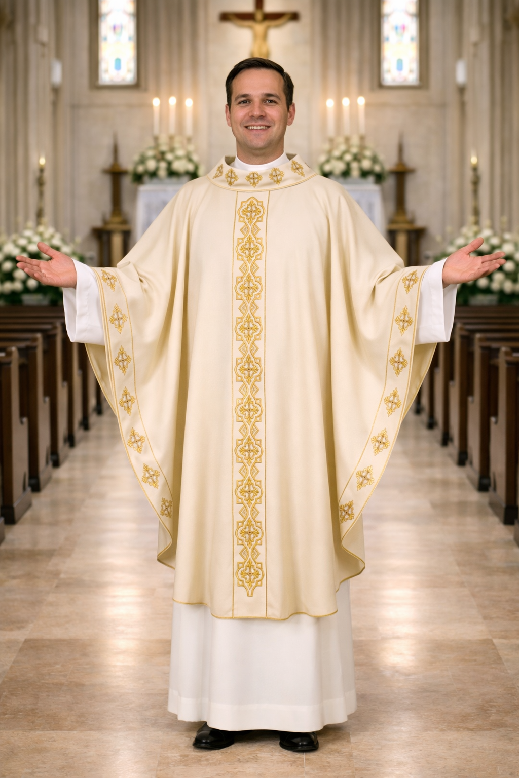 Priest in a white and gold liturgical vestment standing in a church aisle.