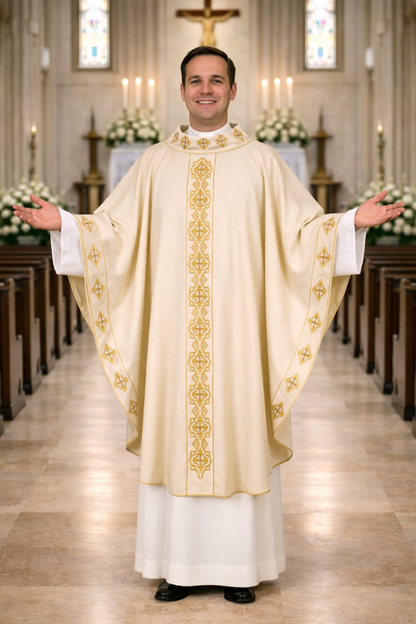Priest in a white and gold liturgical vestment standing in a church aisle.
