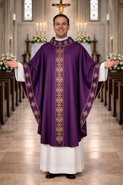Priest in a purple and gold liturgical vestment standing in a church aisle.