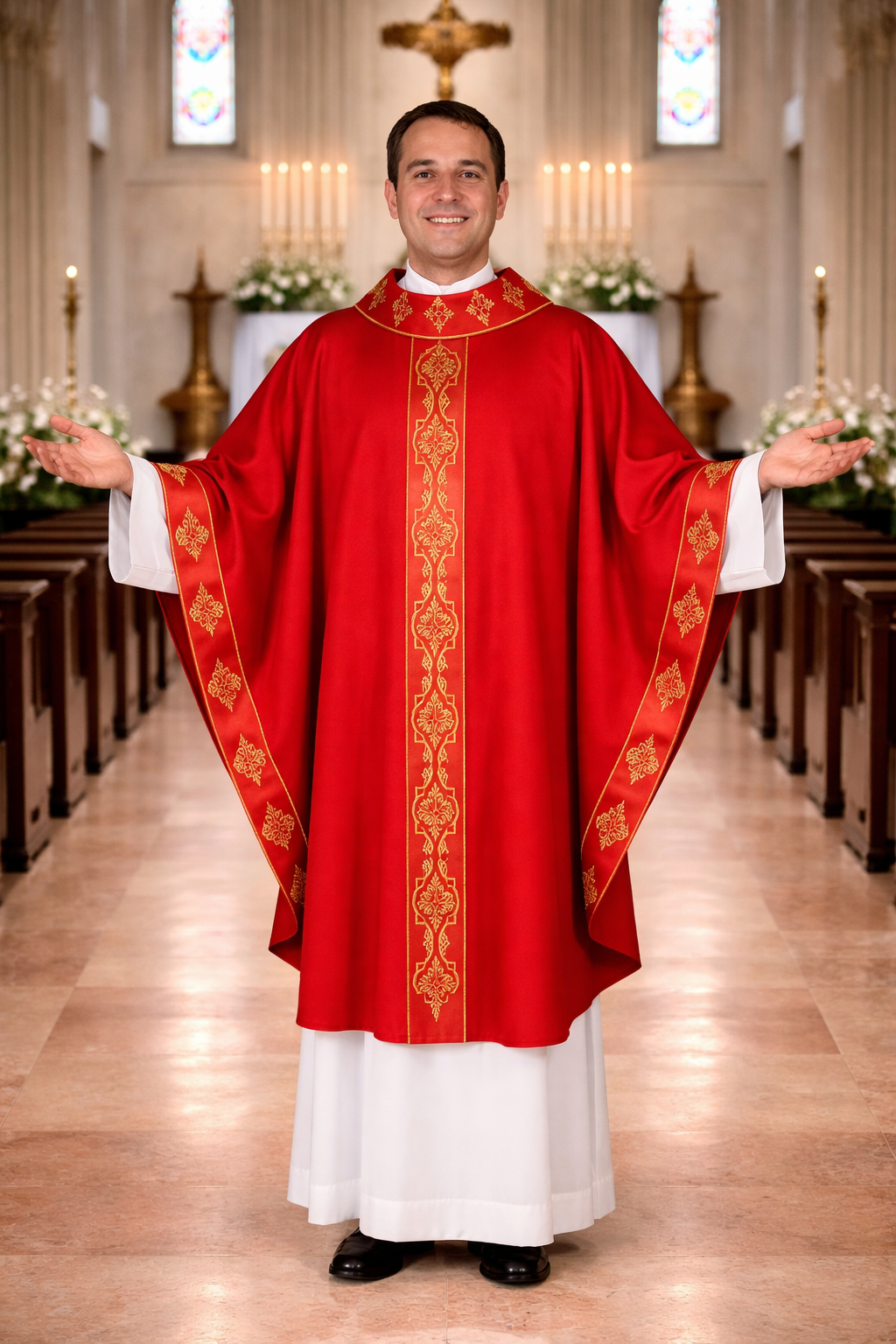 Priest in red liturgical vestment standing in a church aisle