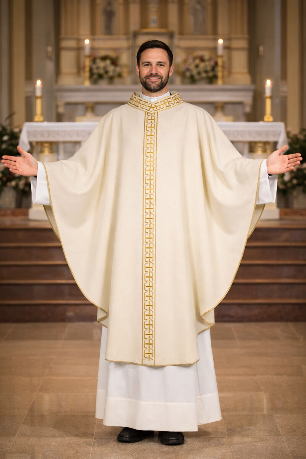 Priest in liturgical vestments standing in a church setting