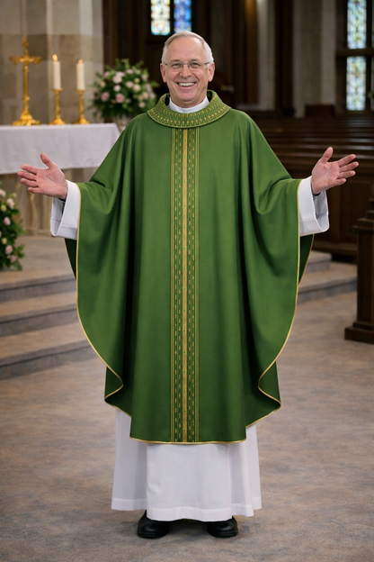 Priest in a green and white robe standing in a church setting with altar and flowers.