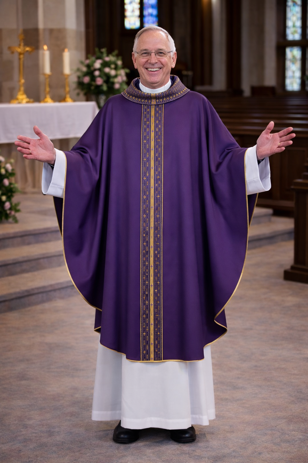 Priest in purple liturgical vestment standing in a church setting
