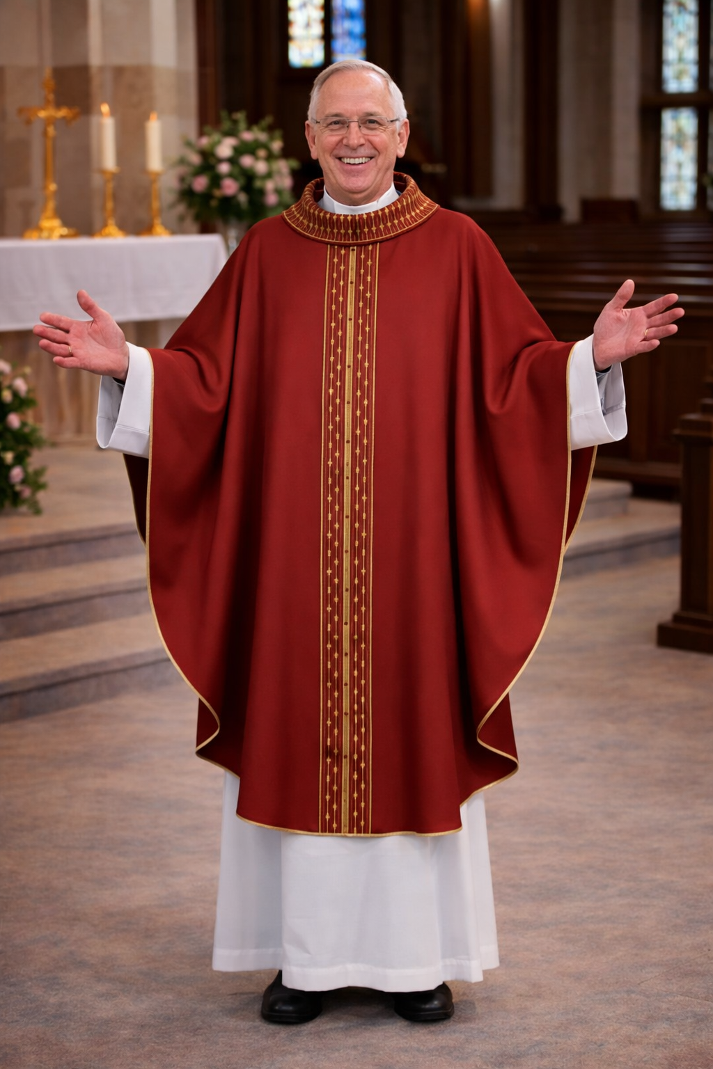 Priest in red liturgical vestment standing in a church setting