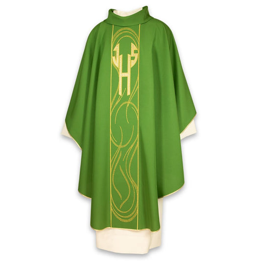 Gothic chasuble with IHS embroidered gold thread application. Stand up roll collar and trimmed in gold. Made in Italy