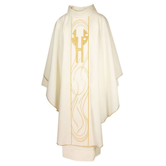 Gothic chasuble with IHS embroidered gold thread application. Stand up roll collar and trimmed in gold. Made in Italy