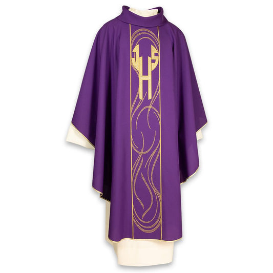 Gothic chasuble with IHS embroidered gold thread application. Stand up roll collar and trimmed in gold. Made in Italy
