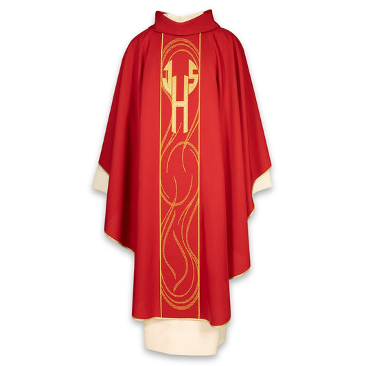 Gothic chasuble with IHS embroidered gold thread application. Stand up roll collar and trimmed in gold. Made in Italy