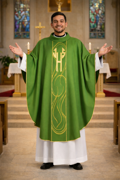 Chasuble with IHS design on lightweight fabric. Made in Italy 