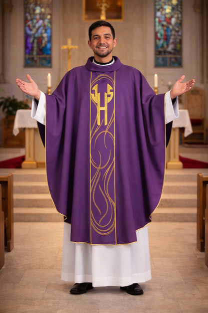 Chasuble with IHS design on lightweight fabric. Made in Italy