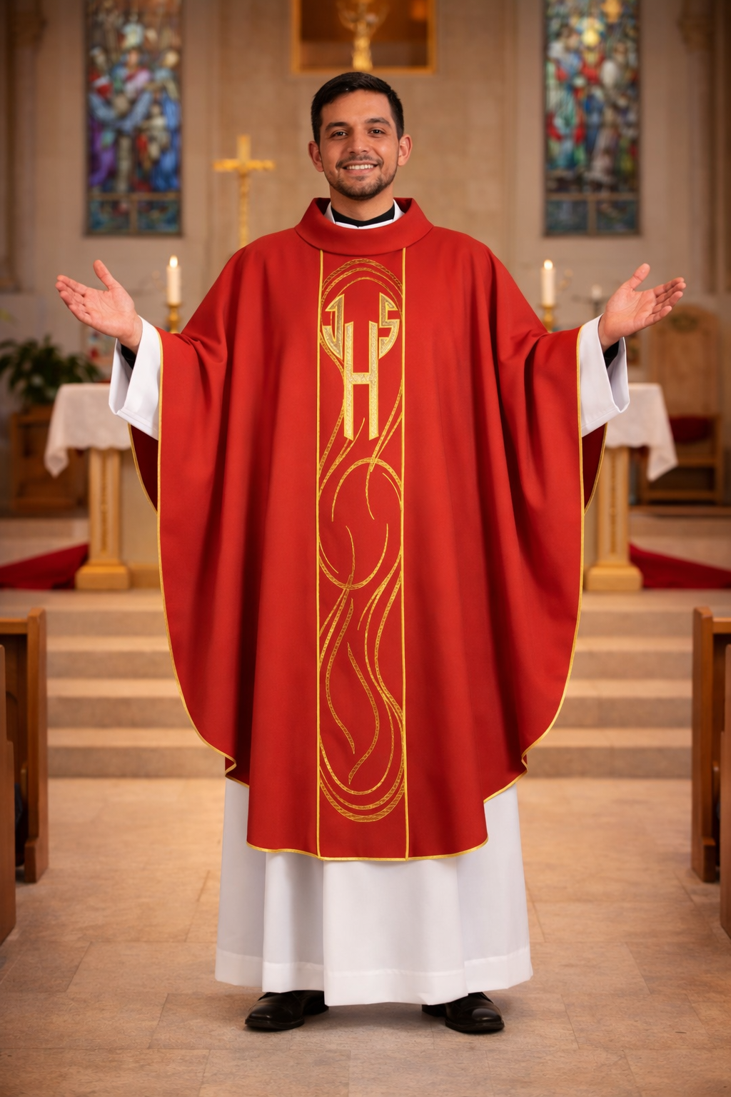 Chasuble with IHS design on lightweight fabric. Made in Italy