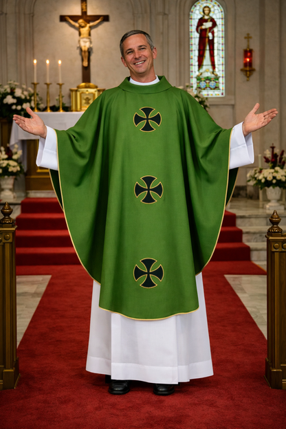Priest in green vestment with black crosses standing in a church sanctuary.