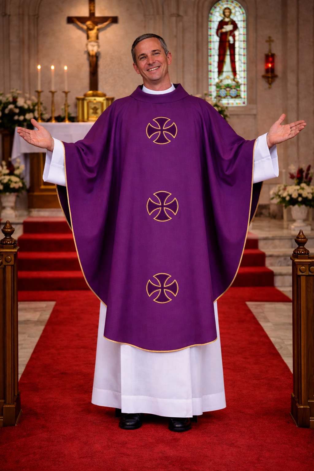 Priest in purple vestment with gold crosses standing in a church with stained glass window and altar.