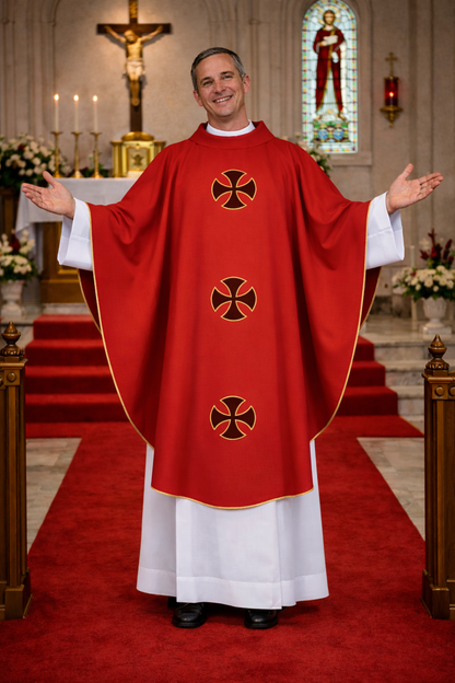 Priest in red and white liturgical vestments with a cross design, standing in a church.