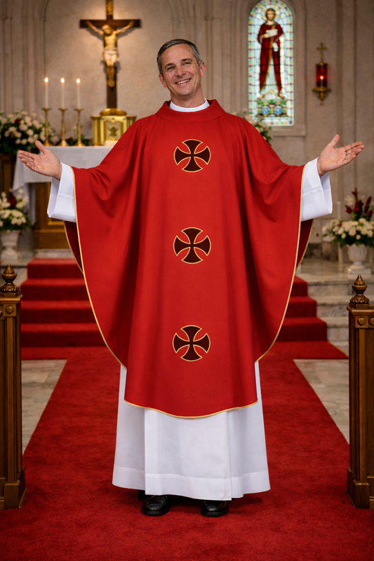 Priest in red and white liturgical vestments with a cross design, standing in a church.