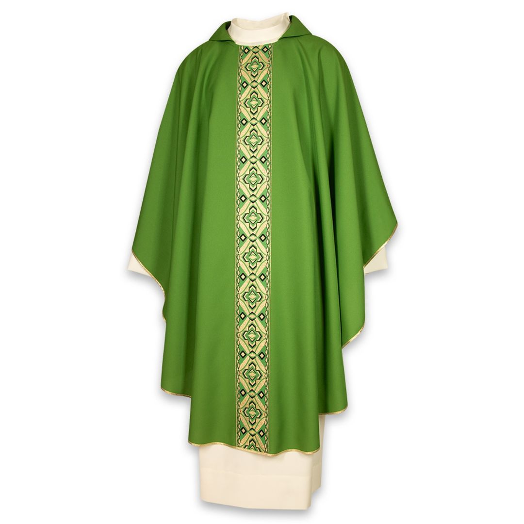 Gothic chasuble with Geo brocade orphrey and open collar. Made in Italy