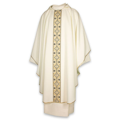 Gothic chasuble with Geo brocade orphrey and open collar. Made in Italy