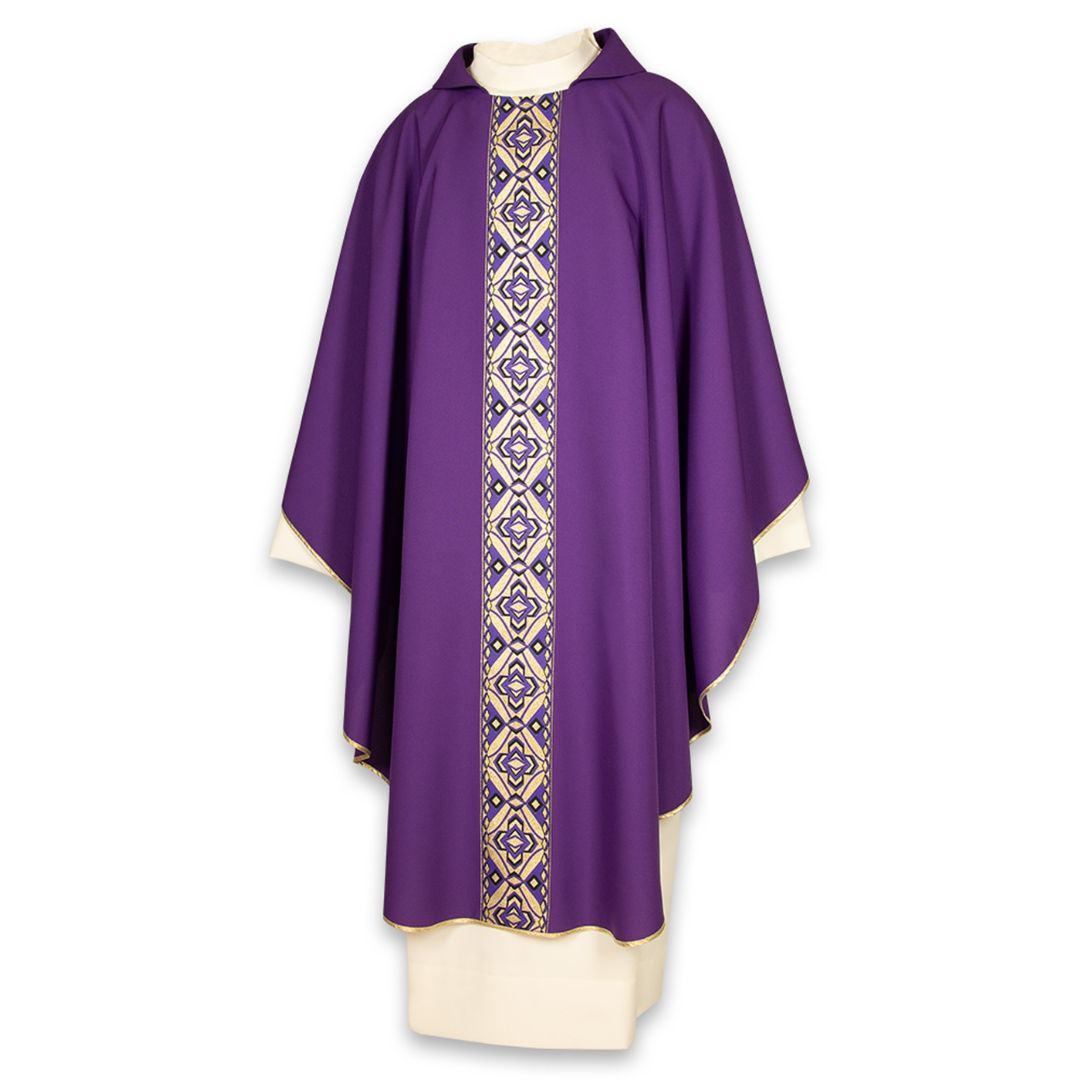 Gothic chasuble with Geo brocade orphrey and open collar. Made in Italy