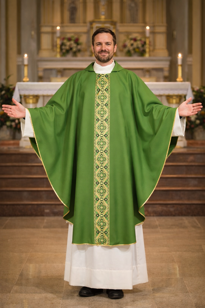 Priest in a green and white liturgical vestment standing in front of an altar.