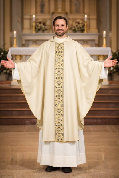 Priest in a white liturgical vestment with gold embroidery standing in front of an altar.