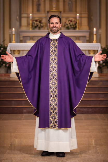 Priest in purple and white liturgical vestment standing in a church setting.