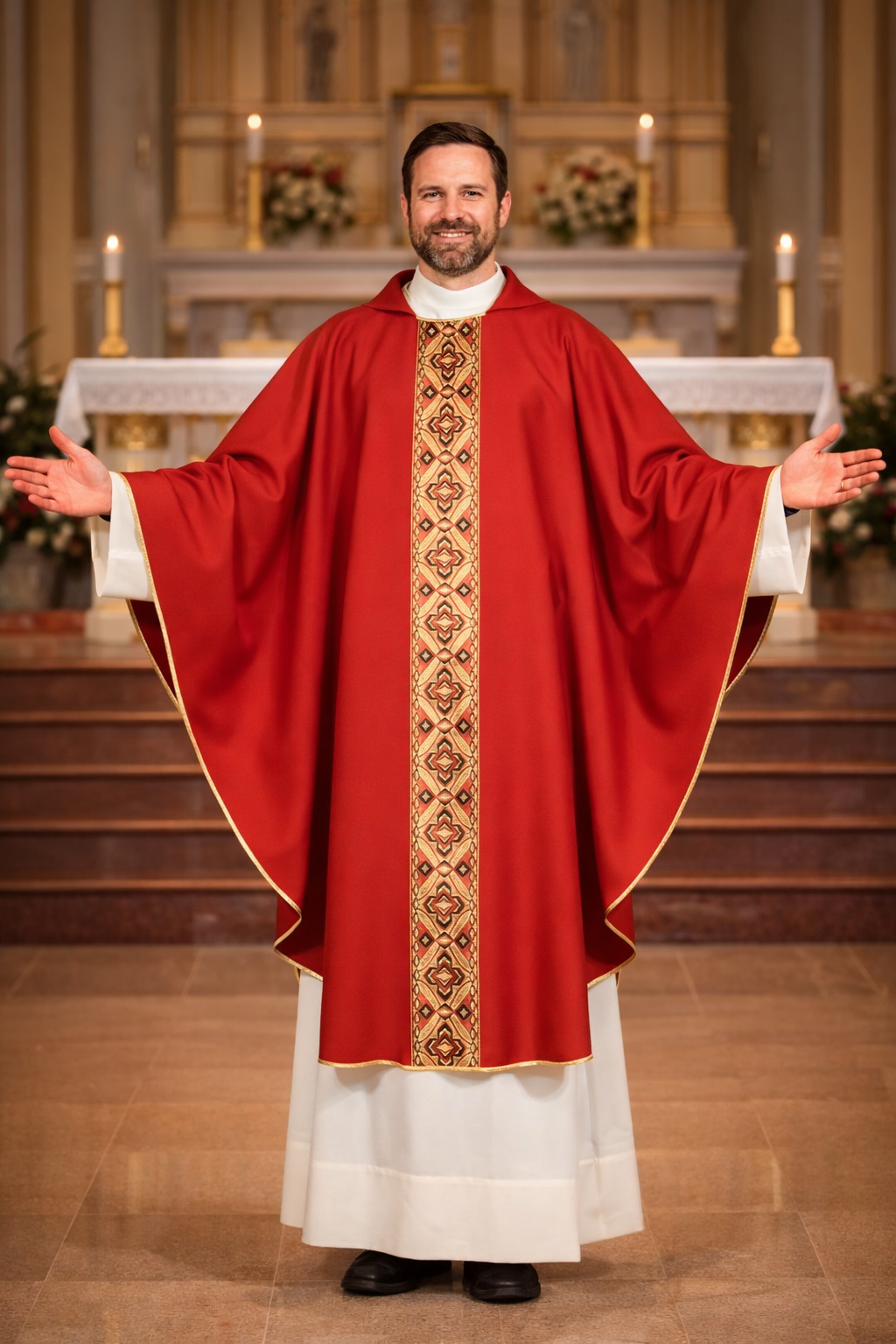 Priest in red liturgical vestment with gold embroidery in a church setting