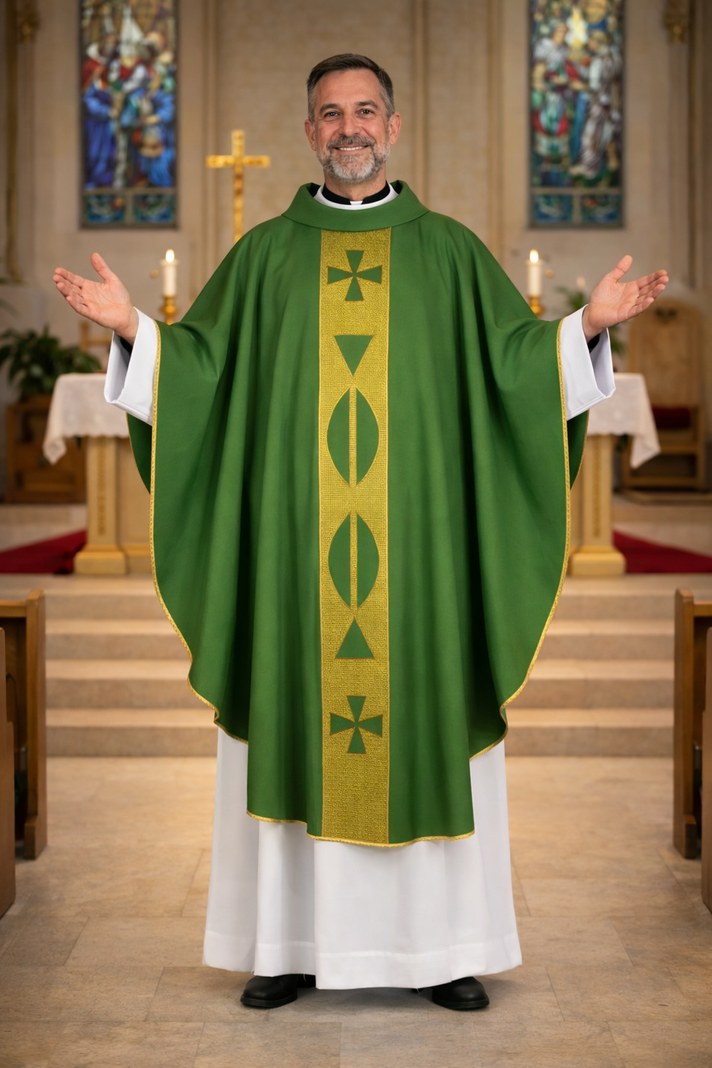 Gothic Chasuble green with gold mesh orphrey and cowl collar. Made in Italy