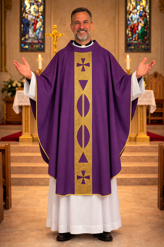 Gothic Chasuble purple with gold mesh orphrey and cowl collar. Made in Italy