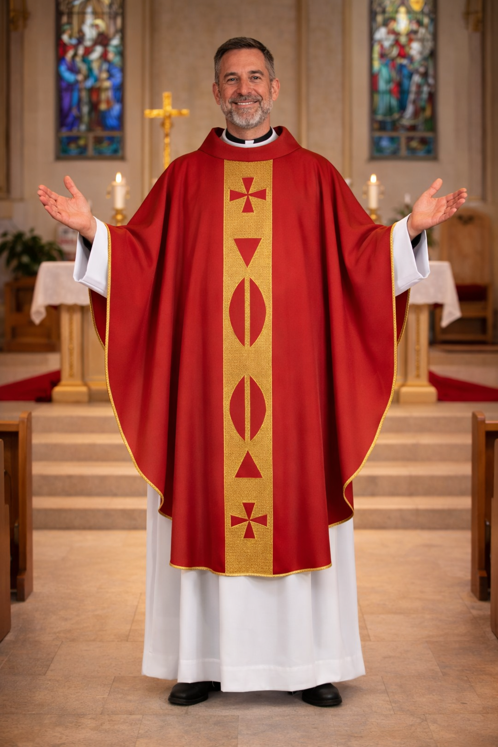 Gothic Chasuble red with gold mesh orphrey and cowl collar. Made in Italy