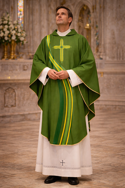 Priest wearing a sublimation printed  "River of Life" chasuble in Green. Made in Italy 