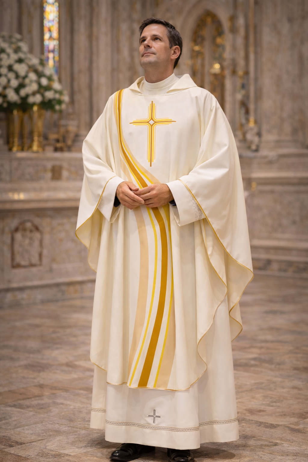 Priest wearing a sublimation printed  "River of Life" chasuble in Ivory. Made in Italy 