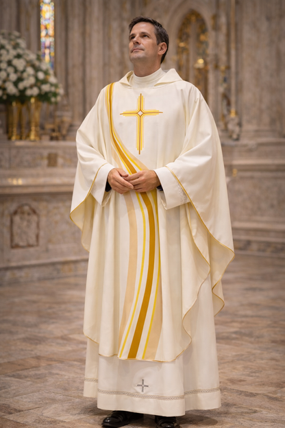 Priest wearing a sublimation printed  "River of Life" chasuble in Ivory. Made in Italy 