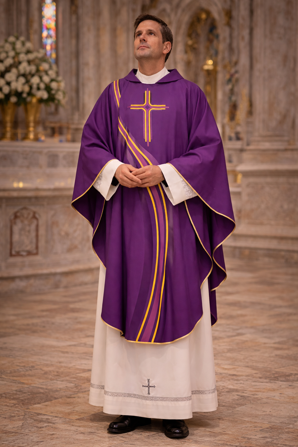 Priest wearing a sublimation printed  "River of Life" chasuble in Purple. Made in Italy 